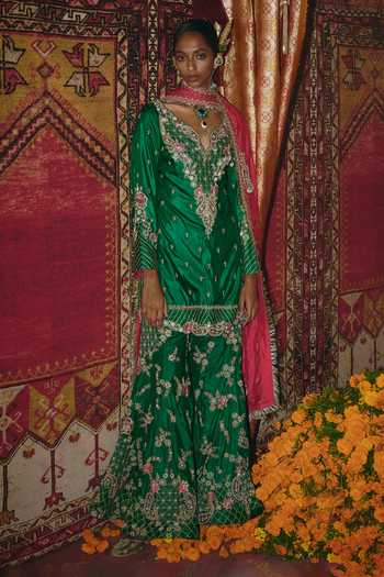 Buy_Aditi Gupta_Green Silk Embroidery, Zari, Pearls V-neck Soft Kurta Sharara Set 