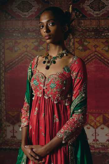 Aditi Gupta_Red Silk Embroidery, Pearls, Zari Sweetheart Neck Anarkali Sharara Set _Online_at_Aza_Fashions