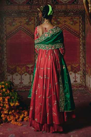 Shop_Aditi Gupta_Red Silk Embroidery, Pearls, Zari Sweetheart Neck Anarkali Sharara Set _at_Aza_Fashions