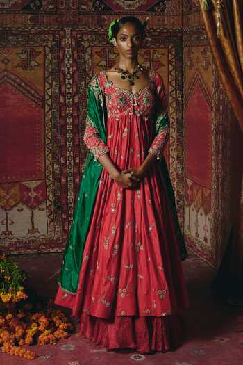 Buy_Aditi Gupta_Red Silk Embroidery, Pearls, Zari Sweetheart Neck Anarkali Sharara Set _at_Aza_Fashions