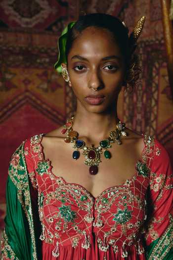 Shop_Aditi Gupta_Red Silk Embroidery, Pearls, Zari Sweetheart Neck Anarkali Sharara Set _Online_at_Aza_Fashions