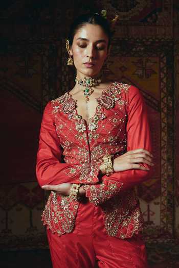 Aditi Gupta_Red Silk Embroidery, Pearls, Zari, Fabric Flowers V-neck Jacket And Sharara Set _Online_at_Aza_Fashions