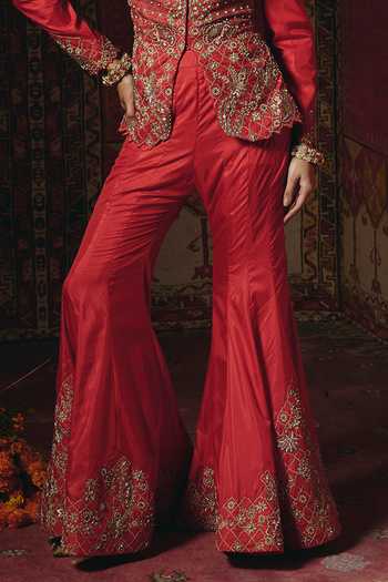 Buy_Aditi Gupta_Red Silk Embroidery, Pearls, Zari, Fabric Flowers V-neck Jacket And Sharara Set _Online_at_Aza_Fashions