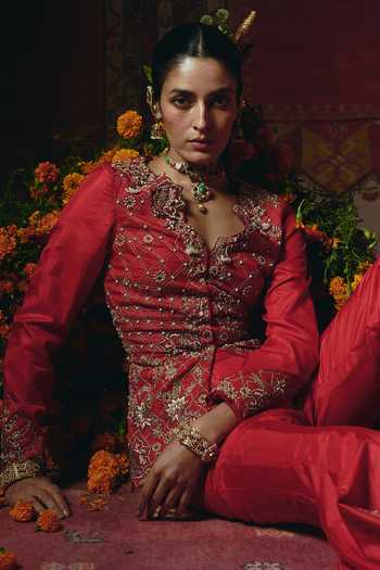 Shop_Aditi Gupta_Red Silk Embroidery, Pearls, Zari, Fabric Flowers V-neck Jacket And Sharara Set _Online_at_Aza_Fashions