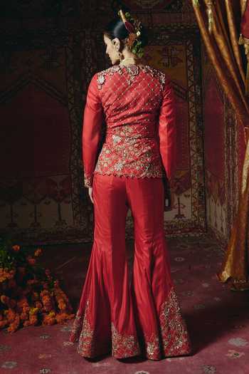 Shop_Aditi Gupta_Red Silk Embroidery, Pearls, Zari, Fabric Flowers V-neck Jacket And Sharara Set _at_Aza_Fashions