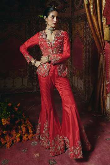 Aditi Gupta_Red Silk Embroidery, Pearls, Zari, Fabric Flowers V-neck Jacket And Sharara Set _at_Aza_Fashions