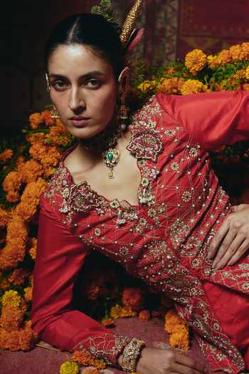 Buy_Aditi Gupta_Red Silk Embroidery, Pearls, Zari, Fabric Flowers V-neck Jacket And Sharara Set 