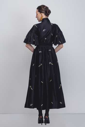 Shop_Leh Studios_Black Silk, Cotton Zari, Sequins Collared Fons Floral Embroidered Dress _at_Aza_Fashions