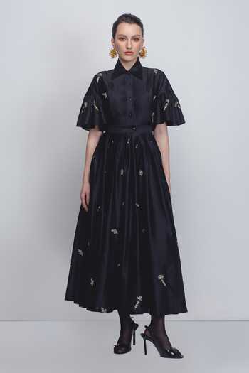 Buy_Leh Studios_Black Silk, Cotton Zari, Sequins Collared Fons Floral Embroidered Dress _at_Aza_Fashions