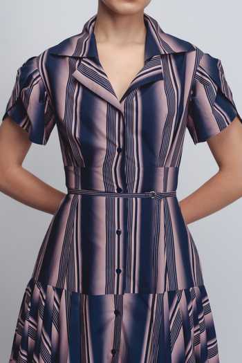 Leh Studios_Multicolor Cotton Collared Gami Stripe Pattern Dress _at_Aza_Fashions