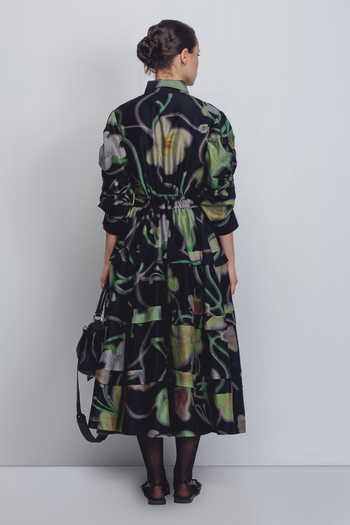 Shop_Leh Studios_Black Silk, Cotton Collared Paron Print Pleated Dress _at_Aza_Fashions