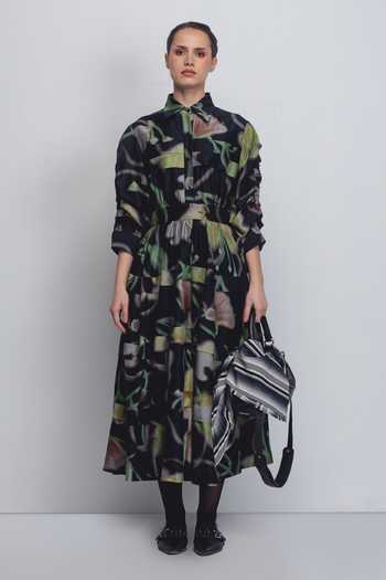 Buy_Leh Studios_Black Silk, Cotton Collared Paron Print Pleated Dress _at_Aza_Fashions