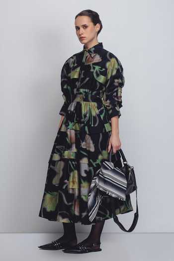 Leh Studios_Black Silk, Cotton Collared Paron Print Pleated Dress _at_Aza_Fashions