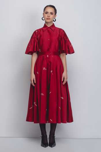 Buy_Leh Studios_Red Silk, Cotton Embroidery, Sequins, Zari Collared Fons Thread Work Dress _at_Aza_Fashions
