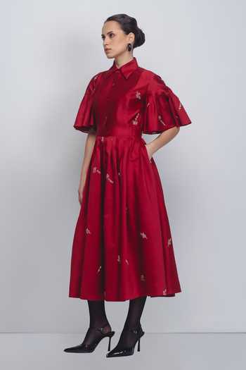Leh Studios_Red Silk, Cotton Embroidery, Sequins, Zari Collared Fons Thread Work Dress _Online_at_Aza_Fashions