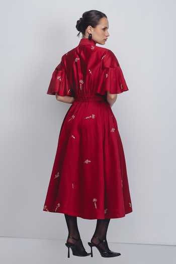 Shop_Leh Studios_Red Silk, Cotton Embroidery, Sequins, Zari Collared Fons Thread Work Dress _at_Aza_Fashions