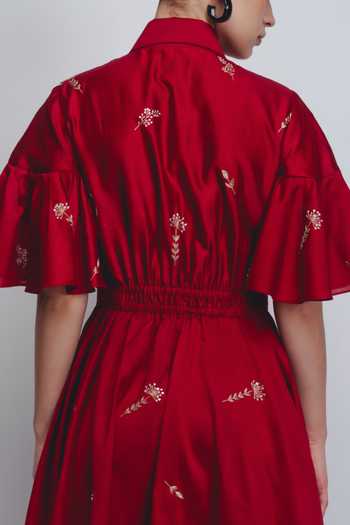 Buy_Leh Studios_Red Silk, Cotton Embroidery, Sequins, Zari Collared Fons Thread Work Dress _Online_at_Aza_Fashions