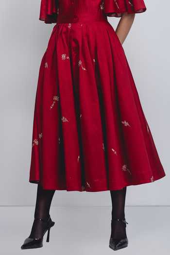Shop_Leh Studios_Red Silk, Cotton Embroidery, Sequins, Zari Collared Fons Thread Work Dress _Online_at_Aza_Fashions