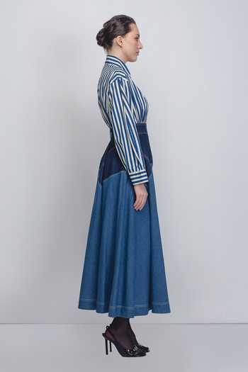 Leh Studios_Blue Cotton Collared Rini Stripe Pattern Dress _Online_at_Aza_Fashions