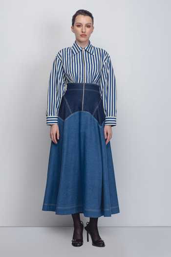 Buy_Leh Studios_Blue Cotton Collared Rini Stripe Pattern Dress _at_Aza_Fashions