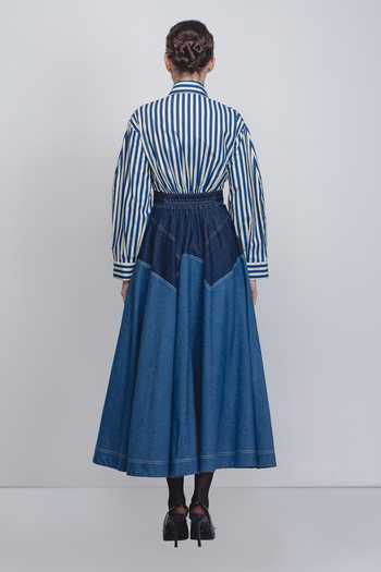 Shop_Leh Studios_Blue Cotton Collared Rini Stripe Pattern Dress _at_Aza_Fashions