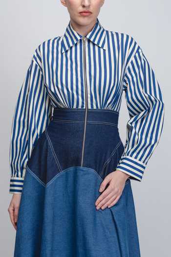 Shop_Leh Studios_Blue Cotton Collared Rini Stripe Pattern Dress _Online_at_Aza_Fashions