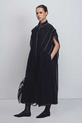 Leh Studios_Black Viscose, Polyester Embroidery Collared Tako Placement Dress _Online_at_Aza_Fashions
