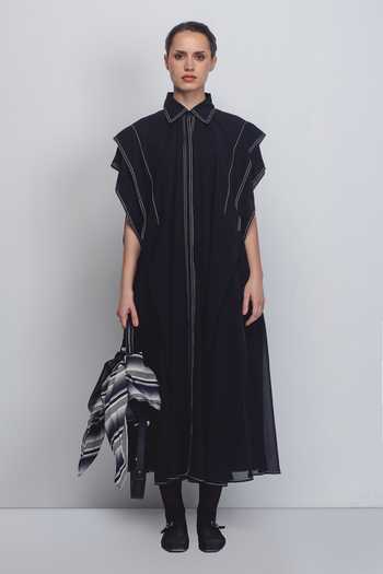 Buy_Leh Studios_Black Viscose, Polyester Embroidery Collared Tako Placement Dress _at_Aza_Fashions