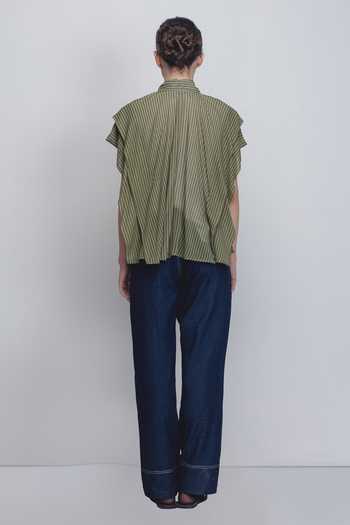 Shop_Leh Studios_Green Viscose, Polyester Collared Tako Stripe Print Top _at_Aza_Fashions