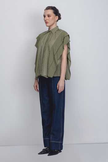 Leh Studios_Green Viscose, Polyester Collared Tako Stripe Print Top _Online_at_Aza_Fashions