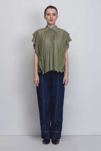 Buy_Leh Studios_Green Viscose, Polyester Collared Tako Stripe Print Top _Online_at_Aza_Fashions