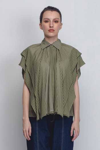 Buy_Leh Studios_Green Viscose, Polyester Collared Tako Stripe Print Top _at_Aza_Fashions