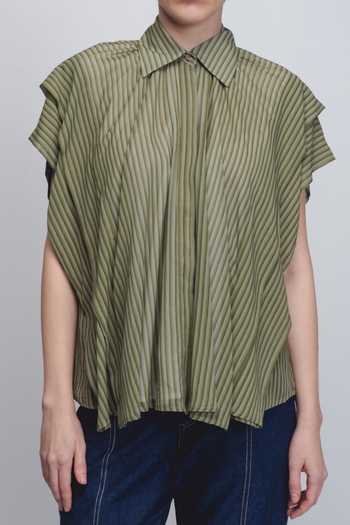 Shop_Leh Studios_Green Viscose, Polyester Collared Tako Stripe Print Top _Online_at_Aza_Fashions
