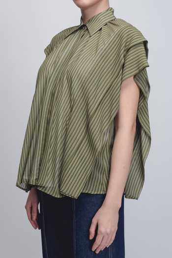 Leh Studios_Green Viscose, Polyester Collared Tako Stripe Print Top _at_Aza_Fashions