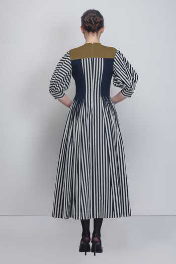 Shop_Leh Studios_Black Cotton High , Keyhole Beri Vertical Stripe Print Dress _at_Aza_Fashions