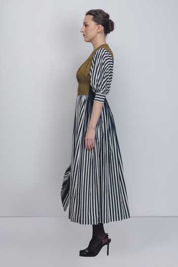 Leh Studios_Black Cotton High , Keyhole Beri Vertical Stripe Print Dress _Online_at_Aza_Fashions