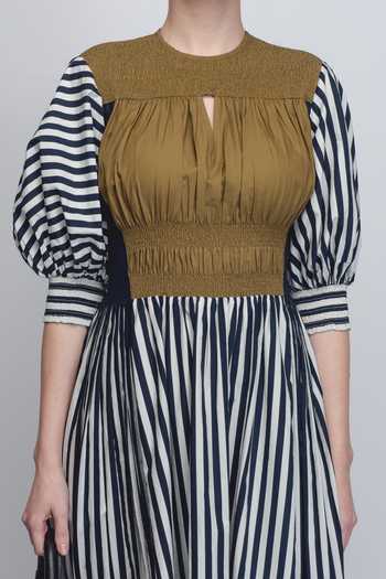 Shop_Leh Studios_Black Cotton High , Keyhole Beri Vertical Stripe Print Dress _Online_at_Aza_Fashions