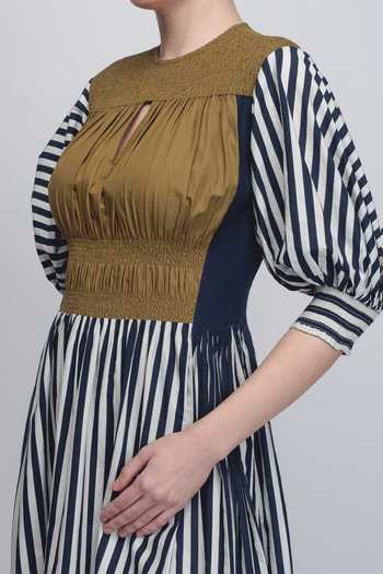 Leh Studios_Black Cotton High , Keyhole Beri Vertical Stripe Print Dress _at_Aza_Fashions