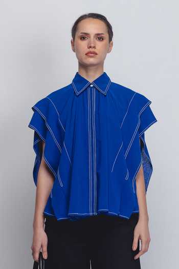 Buy_Leh Studios_Blue Viscose, Polyester Collared Tako Thread Placement Embroidered Top _at_Aza_Fashions