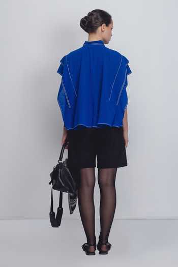 Shop_Leh Studios_Blue Viscose, Polyester Collared Tako Thread Placement Embroidered Top _at_Aza_Fashions