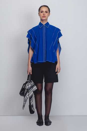 Leh Studios_Blue Viscose, Polyester Collared Tako Thread Placement Embroidered Top _Online_at_Aza_Fashions