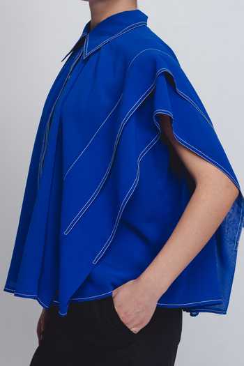 Leh Studios_Blue Viscose, Polyester Collared Tako Thread Placement Embroidered Top _at_Aza_Fashions