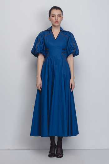 Buy_Leh Studios_Cobalt Cotton V-neck, Collared Ventana Dress _at_Aza_Fashions