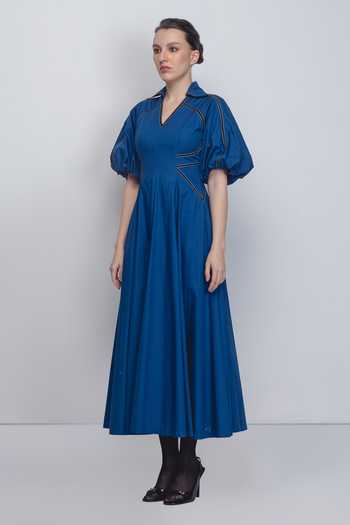 Leh Studios_Cobalt Cotton V-neck, Collared Ventana Dress _Online_at_Aza_Fashions