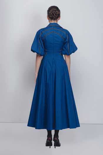 Shop_Leh Studios_Cobalt Cotton V-neck, Collared Ventana Dress _at_Aza_Fashions