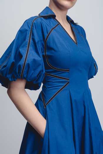 Buy_Leh Studios_Cobalt Cotton V-neck, Collared Ventana Dress _Online_at_Aza_Fashions