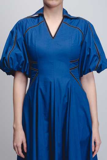 Shop_Leh Studios_Cobalt Cotton V-neck, Collared Ventana Dress _Online_at_Aza_Fashions