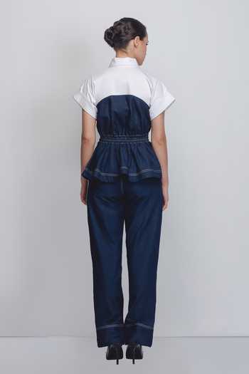 Shop_LEH STUDIOS_Blue Cotton Sweetheart Neck Cup Zipper Top _at_Aza_Fashions