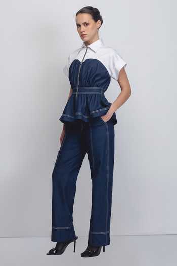 LEH STUDIOS_Blue Cotton Sweetheart Neck Cup Zipper Top _Online_at_Aza_Fashions