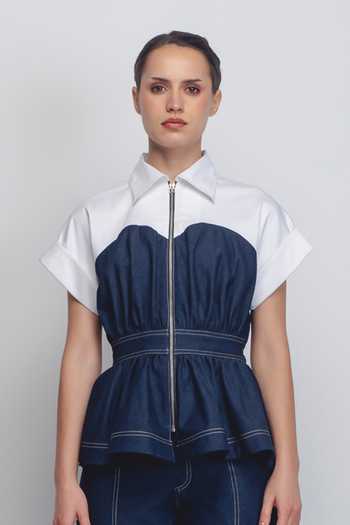 Buy_LEH STUDIOS_Blue Cotton Sweetheart Neck Cup Zipper Top _at_Aza_Fashions